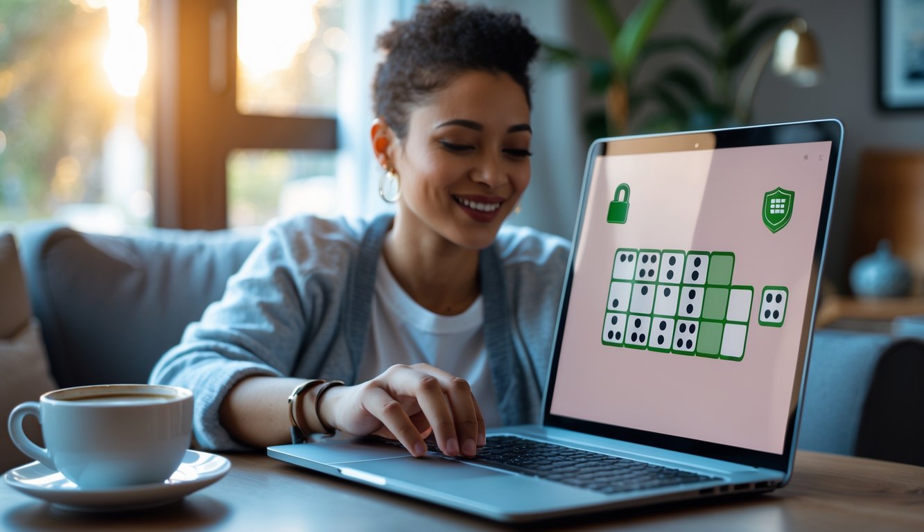 Seseorang sedang bermain game domino online di laptop di ruang tamu yang nyaman dengan kopi di meja.