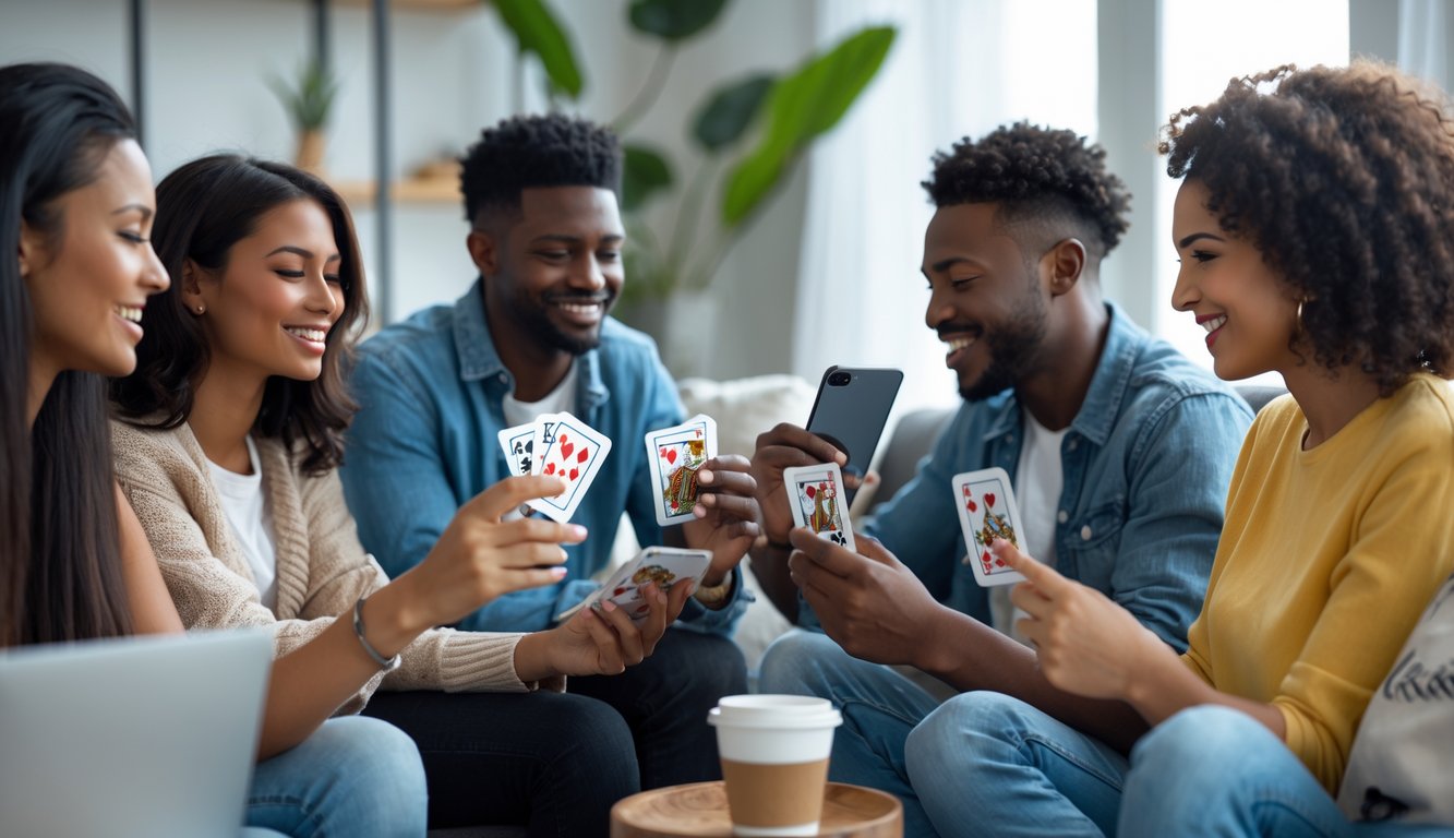 Sekelompok orang muda sedang bermain game kartu online dengan santai menggunakan perangkat digital di ruang tamu yang nyaman.