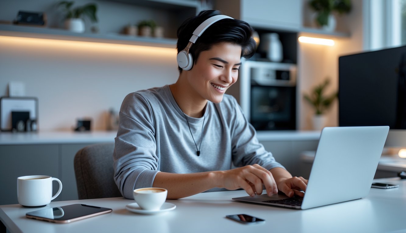 Seseorang sedang bermain game domino online di laptop di ruang kerja rumah yang rapi dan nyaman.