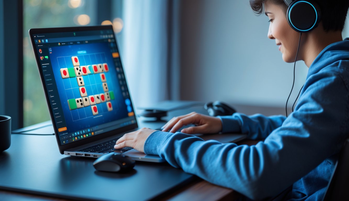 Seorang dewasa muda bermain game domino online menggunakan laptop di meja kerja yang rapi dan terang.