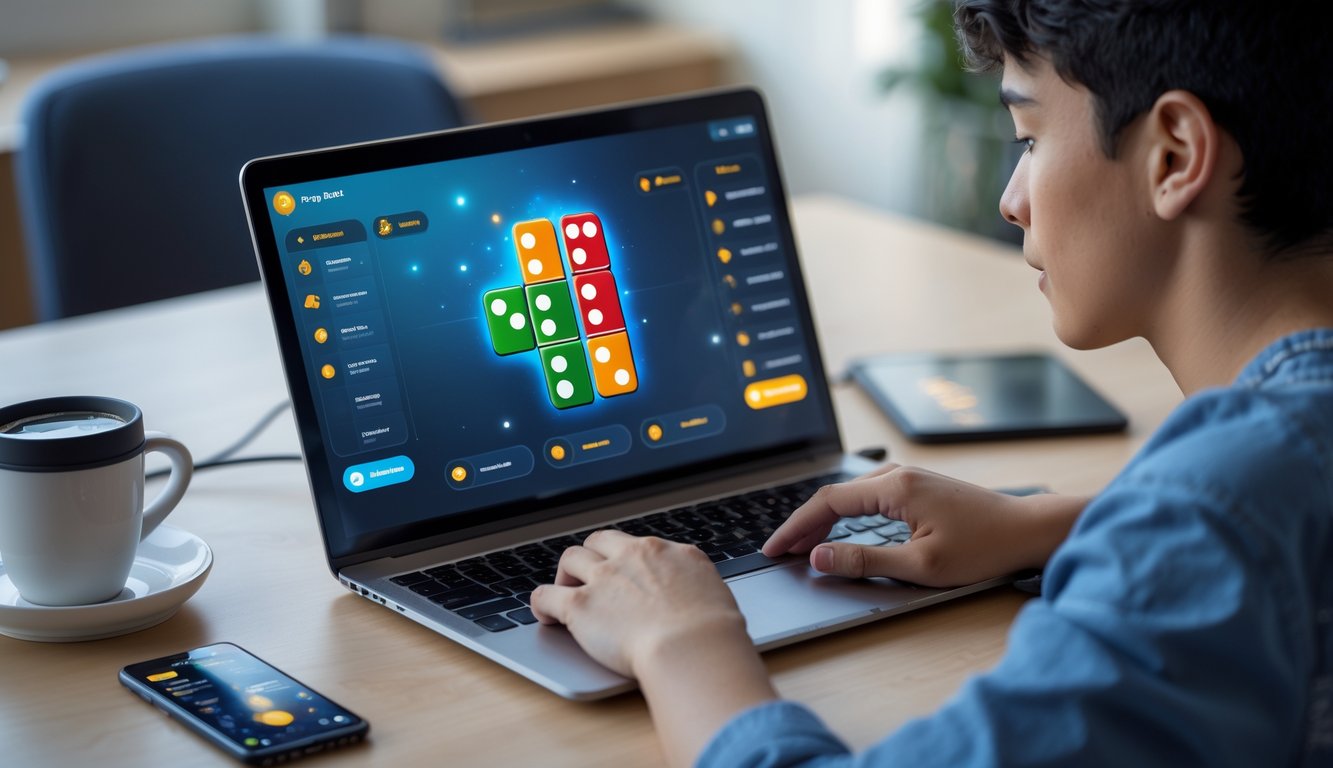 Seorang dewasa muda sedang bermain permainan domino online di laptop di meja kerja yang rapi dengan suasana fokus dan nyaman.
