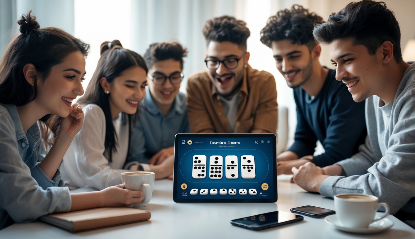 Sekelompok orang muda bermain game domino online bersama di sebuah ruangan yang nyaman.