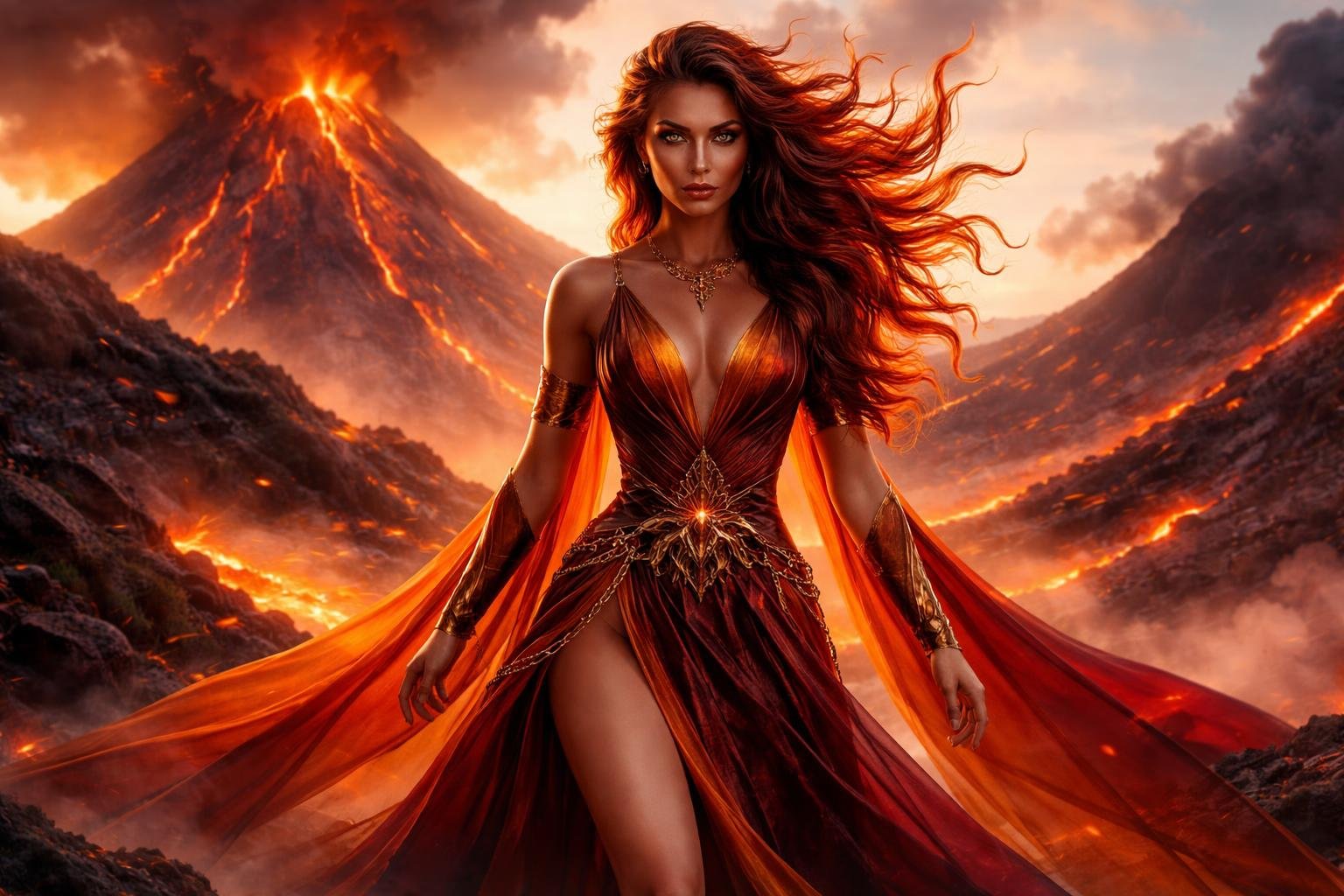 Seorang wanita berdiri di depan latar gunung berapi dengan aliran lava dan asap, mengenakan pakaian berwarna merah dan oranye yang mengalir, menunjukkan kekuatan dan ketegasan.