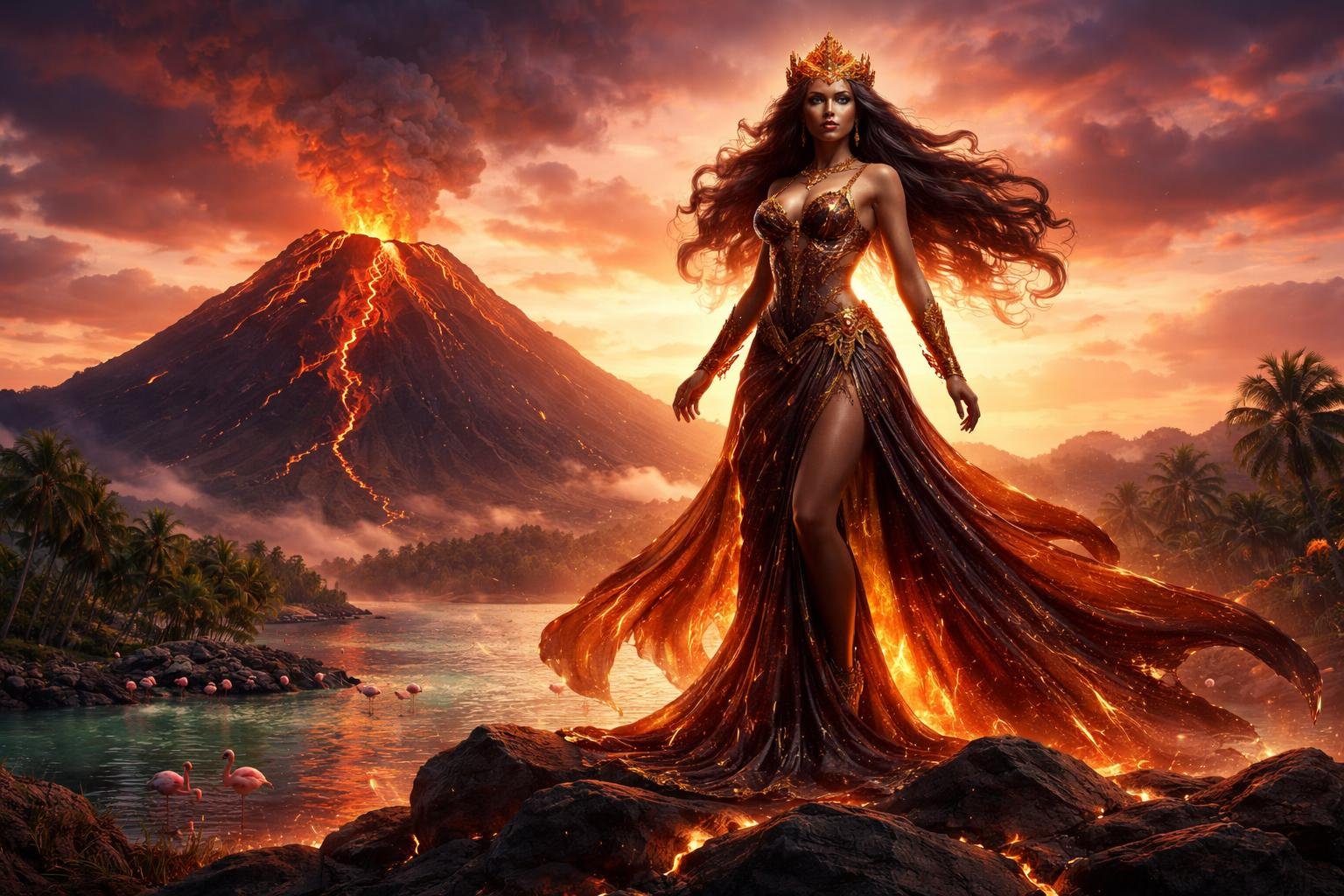 Seorang dewi gunung berapi berdiri di puncak gunung berapi dengan latar belakang matahari terbenam dan burung flamingo di dekat laguna.