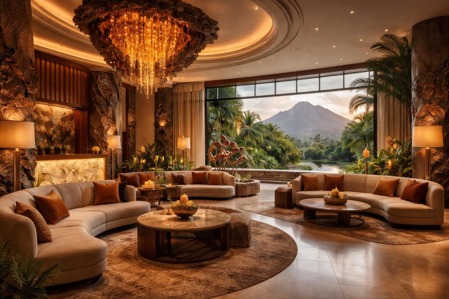 Lobi hotel mewah dengan desain modern, pemandangan gunung berapi dan tanaman tropis di latar belakang.