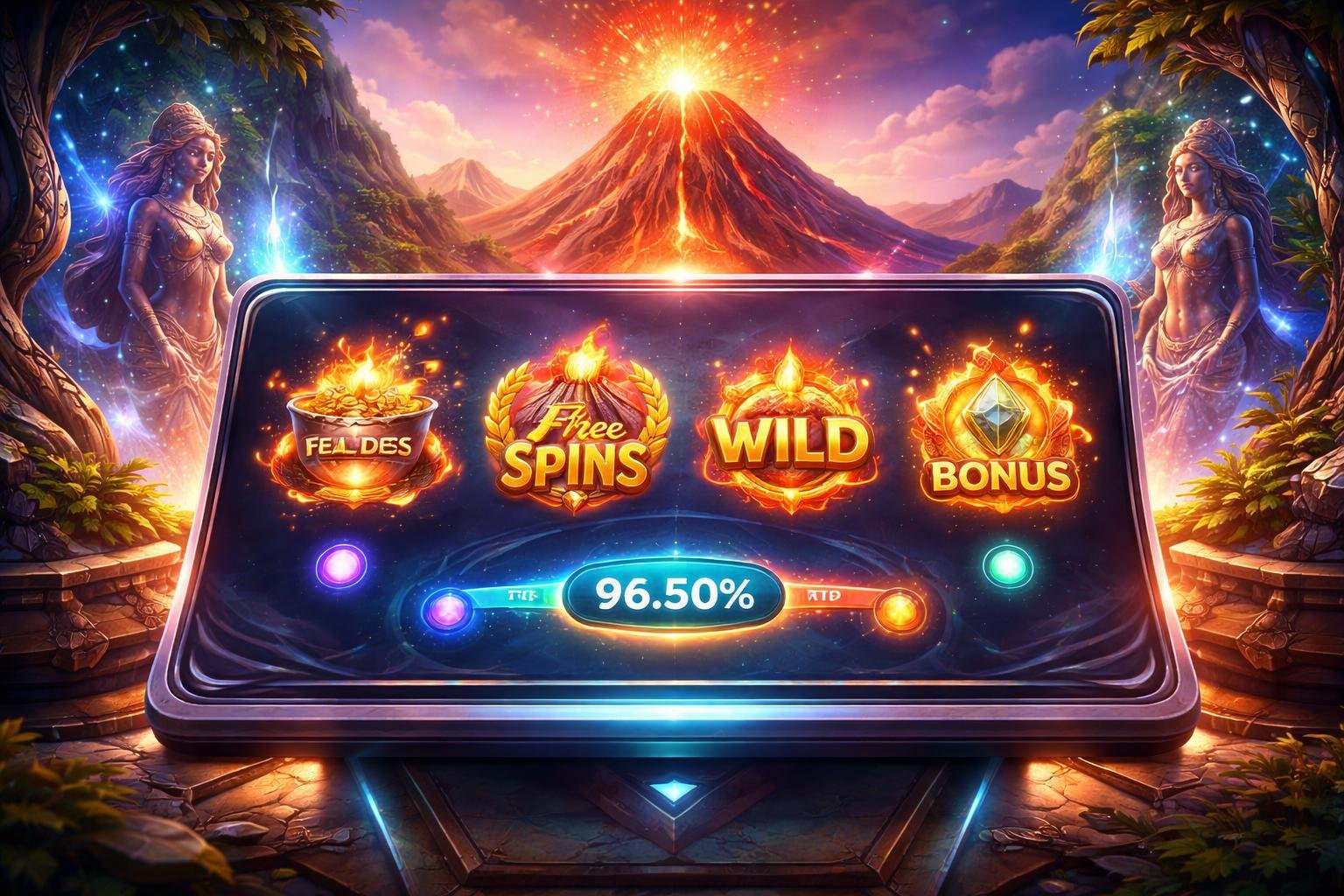 Tampilan antarmuka digital dengan latar gunung berapi yang meletus dan elemen dewi mistis, menampilkan fitur utama dan bonus permainan.