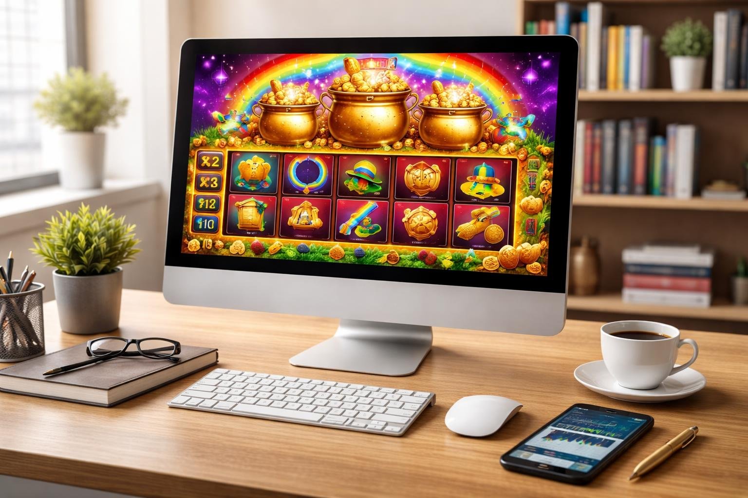 Meja kerja modern dengan komputer menampilkan permainan slot bertema Triple Pot Gold, dikelilingi perlengkapan kantor dan ponsel yang menunjukkan aplikasi berita keuangan.