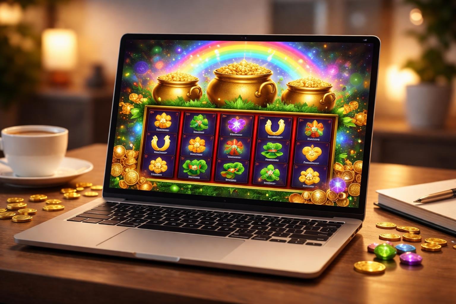 Seorang pengguna melihat layar komputer yang menampilkan permainan slot bertema pot emas dengan koin dan permata di sekitar meja kerja yang rapi.