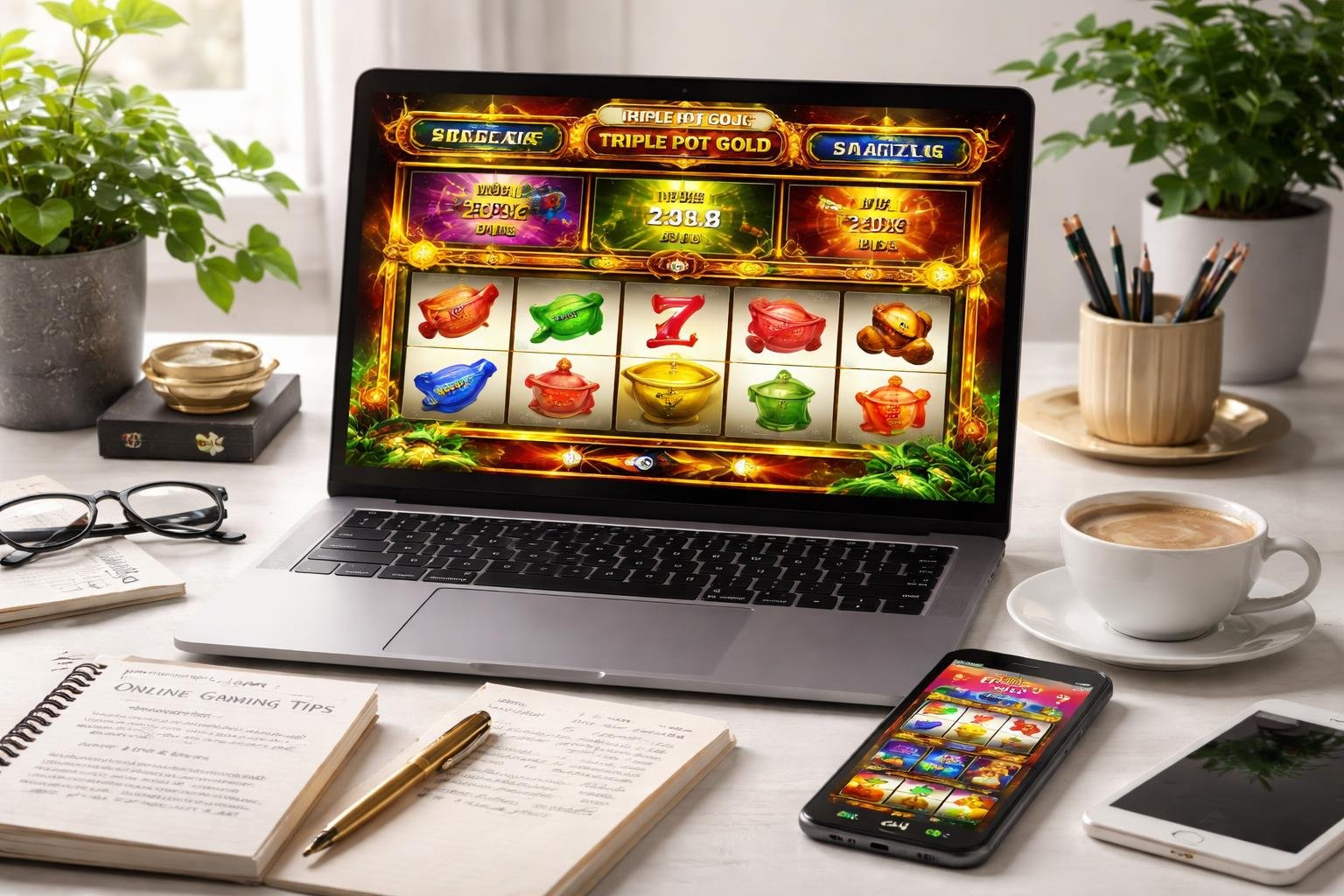 Meja kerja modern dengan laptop yang menampilkan permainan slot online, smartphone, catatan, dan secangkir kopi di dekat jendela dengan tanaman hijau.