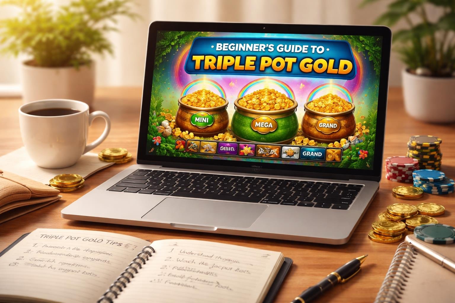 Meja kerja dengan laptop yang menampilkan permainan kasino Triple Pot Gold, di sekitar terdapat buku catatan, pena, dan secangkir kopi.