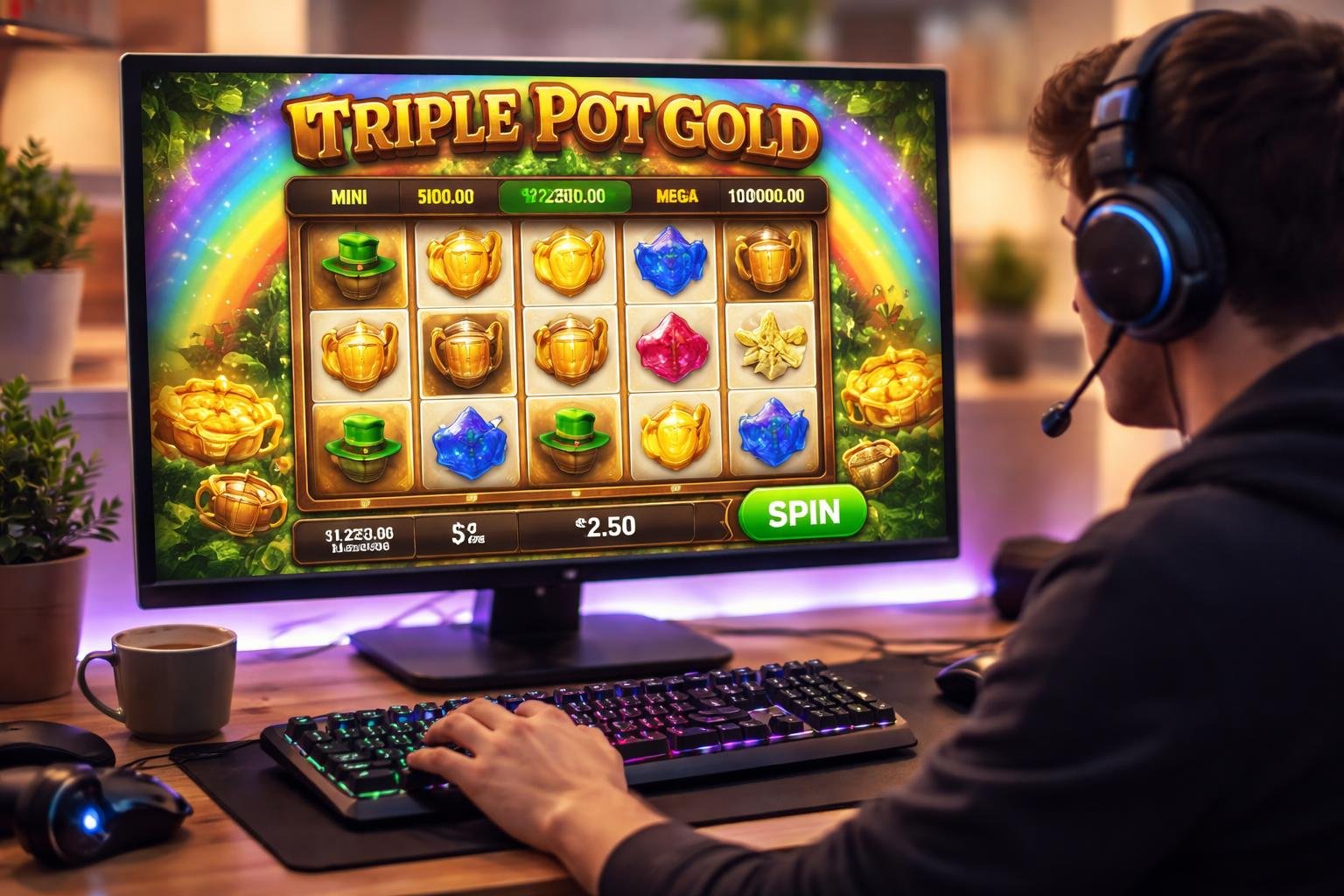 Seorang pemuda sedang bermain permainan Triple Pot Gold di komputer dengan tampilan layar yang berwarna-warni di meja kerja yang rapi.