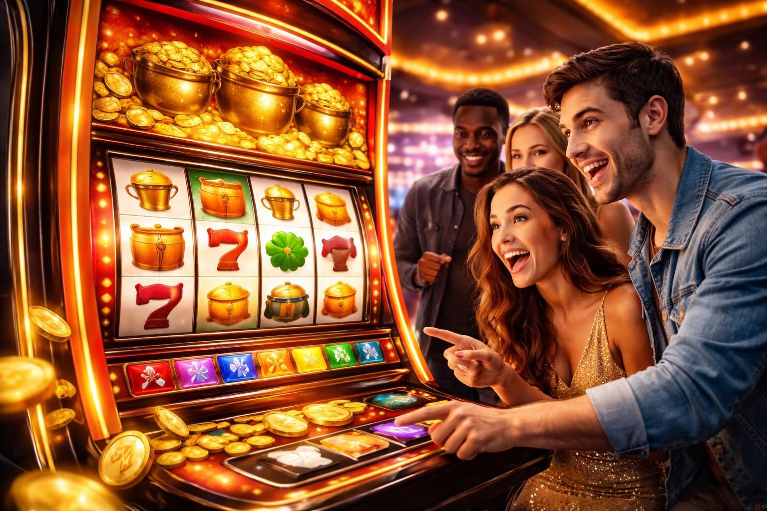 Orang-orang sedang bermain mesin slot Triple Pot Gold di kasino dengan ekspresi senang dan fokus.