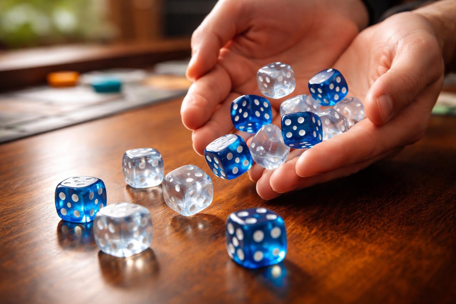 Tangan sedang melempar dadu biru-putih di atas meja permainan dengan latar belakang permainan papan dan chip yang samar.