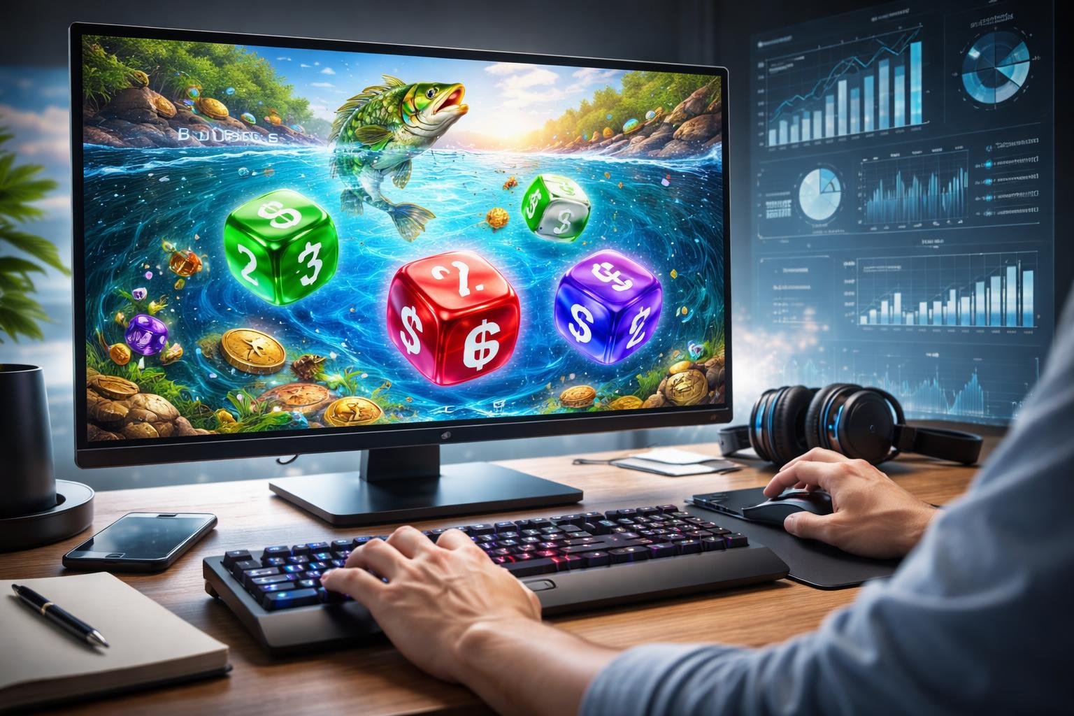 Seseorang menggunakan komputer dengan tampilan permainan dadu dan tema memancing, menunjukkan aktivitas strategi dalam permainan online.