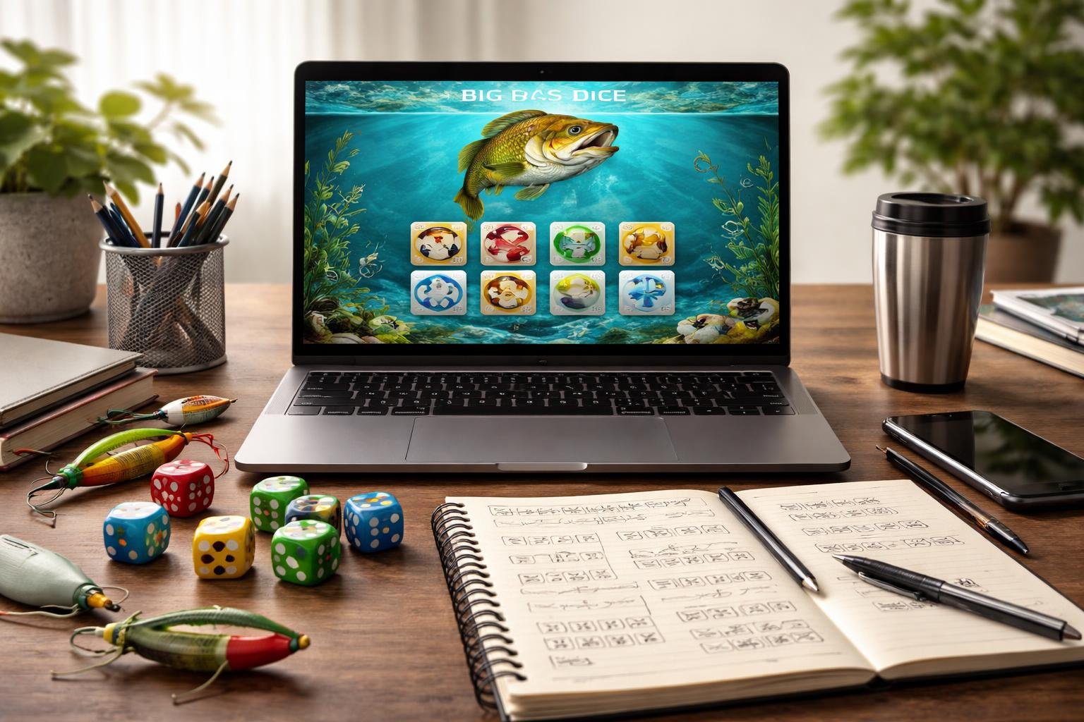 Meja kerja modern dengan laptop yang menampilkan permainan dadu bertema memancing, dikelilingi dadu warna-warni, umpan pancing, dan buku catatan strategi.