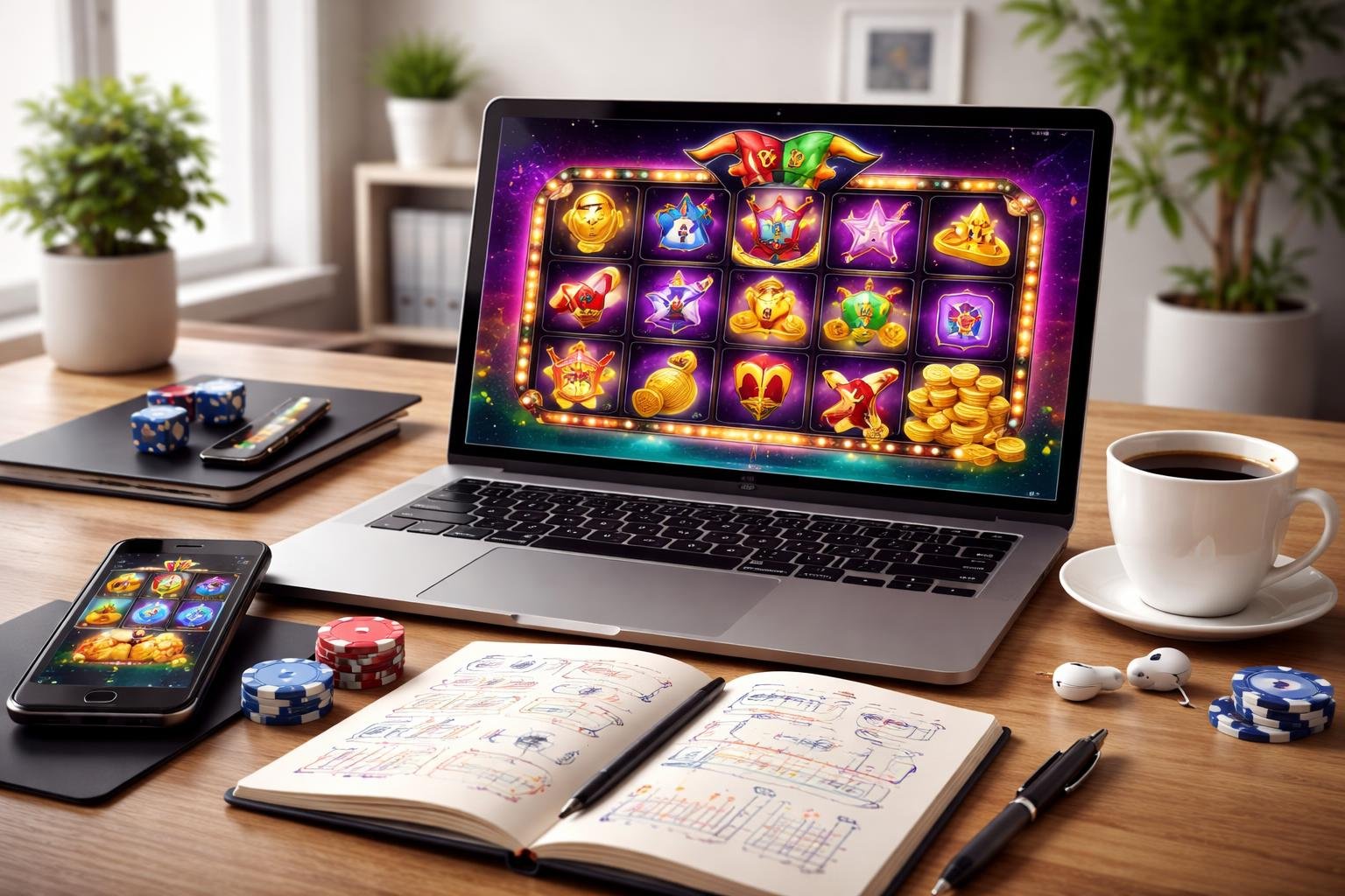 Sebuah meja kerja dengan laptop yang menampilkan permainan slot joker, dikelilingi oleh smartphone, buku catatan, dan secangkir kopi dalam ruangan kantor yang terang.