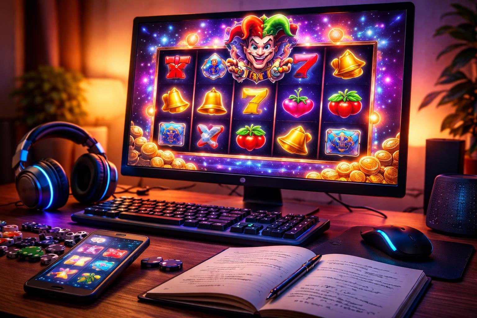 Sebuah meja dengan komputer yang menampilkan permainan slot Wild Wild Joker, dikelilingi aksesori permainan dan catatan strategi.