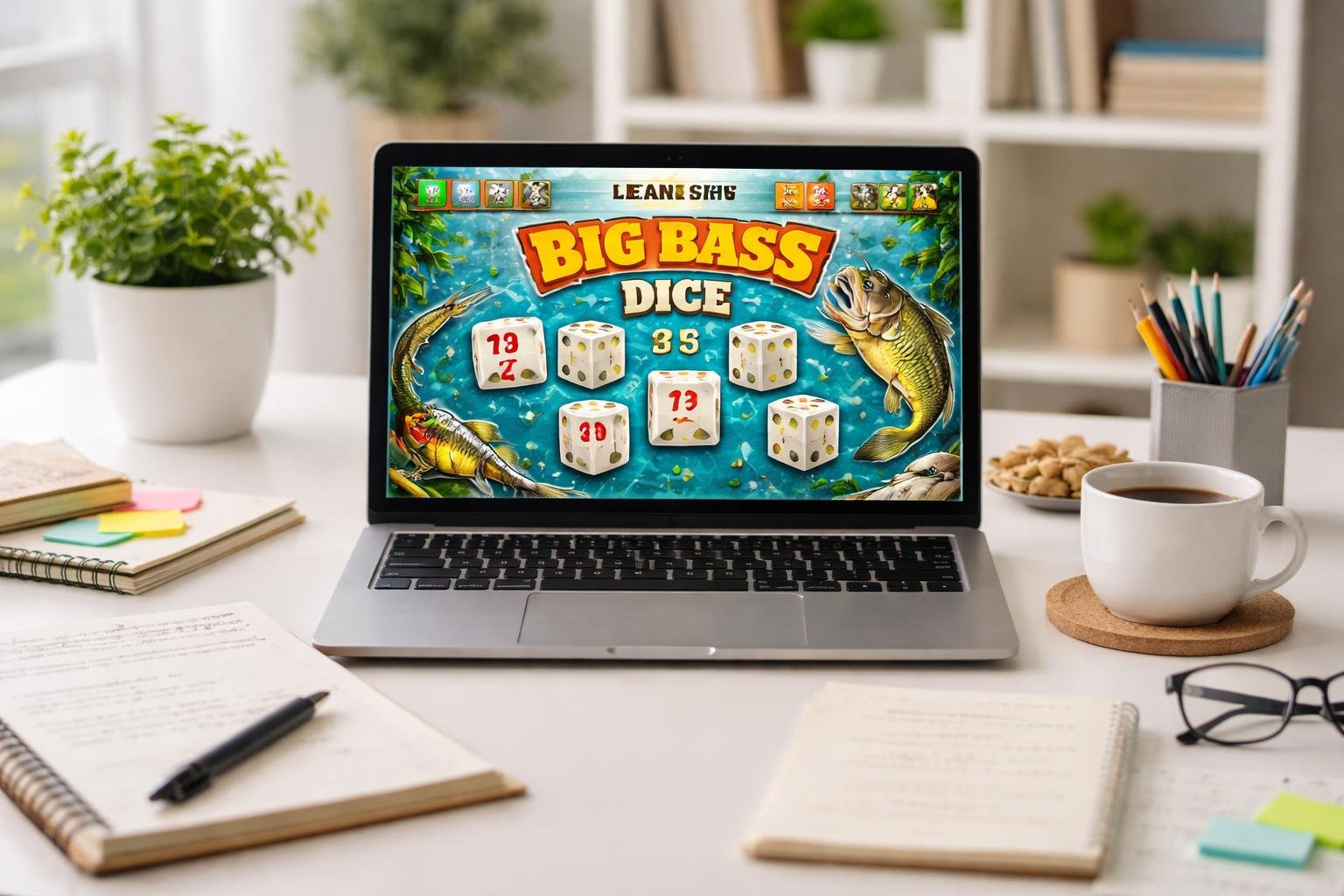 Sebuah ruang kerja terang dengan laptop yang menampilkan permainan Big Bass Dice, catatan dan cangkir kopi di meja, suasana belajar yang fokus.