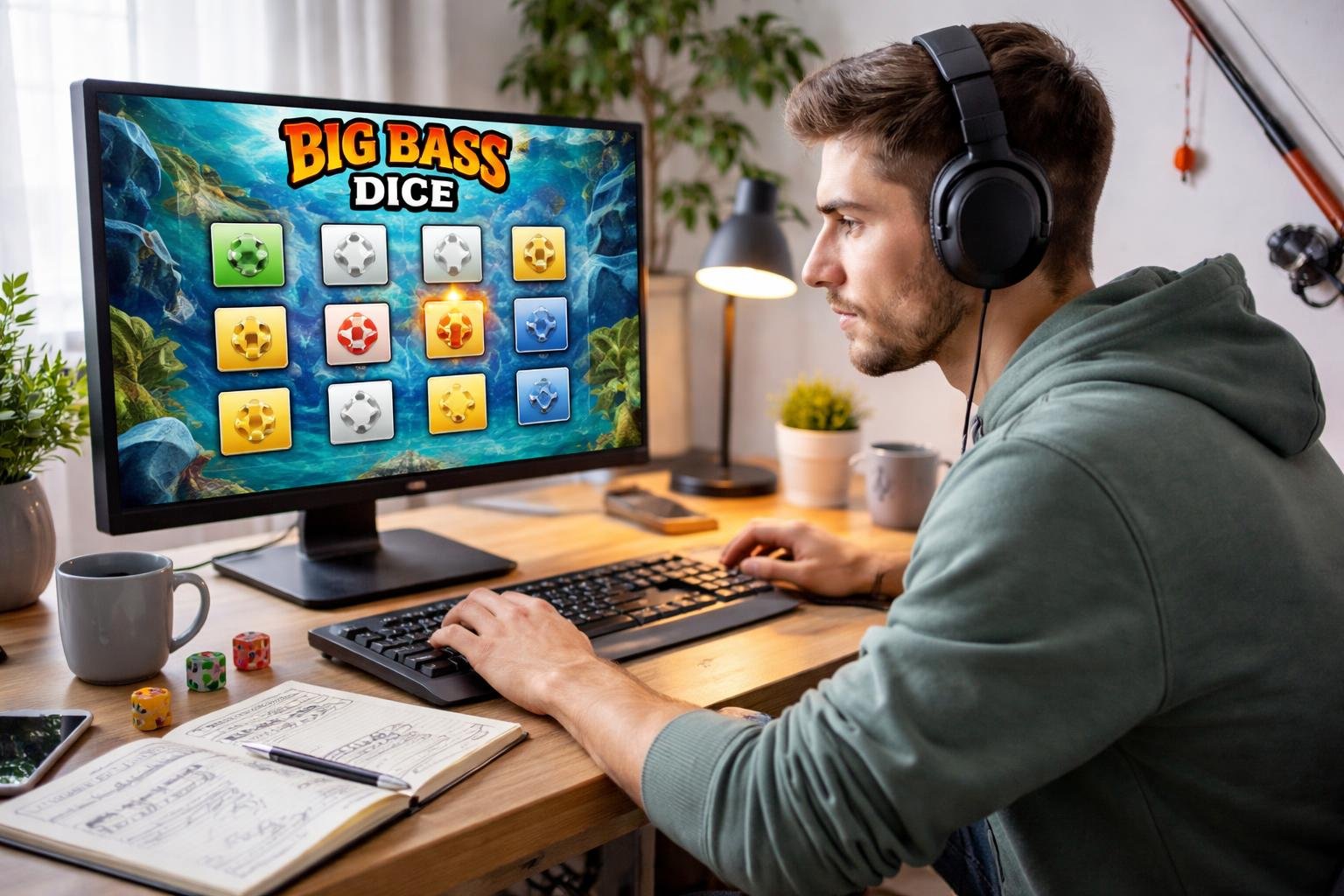 Seorang pemula sedang bermain Big Bass Dice di depan komputer dengan fokus di meja kerja yang rapi.