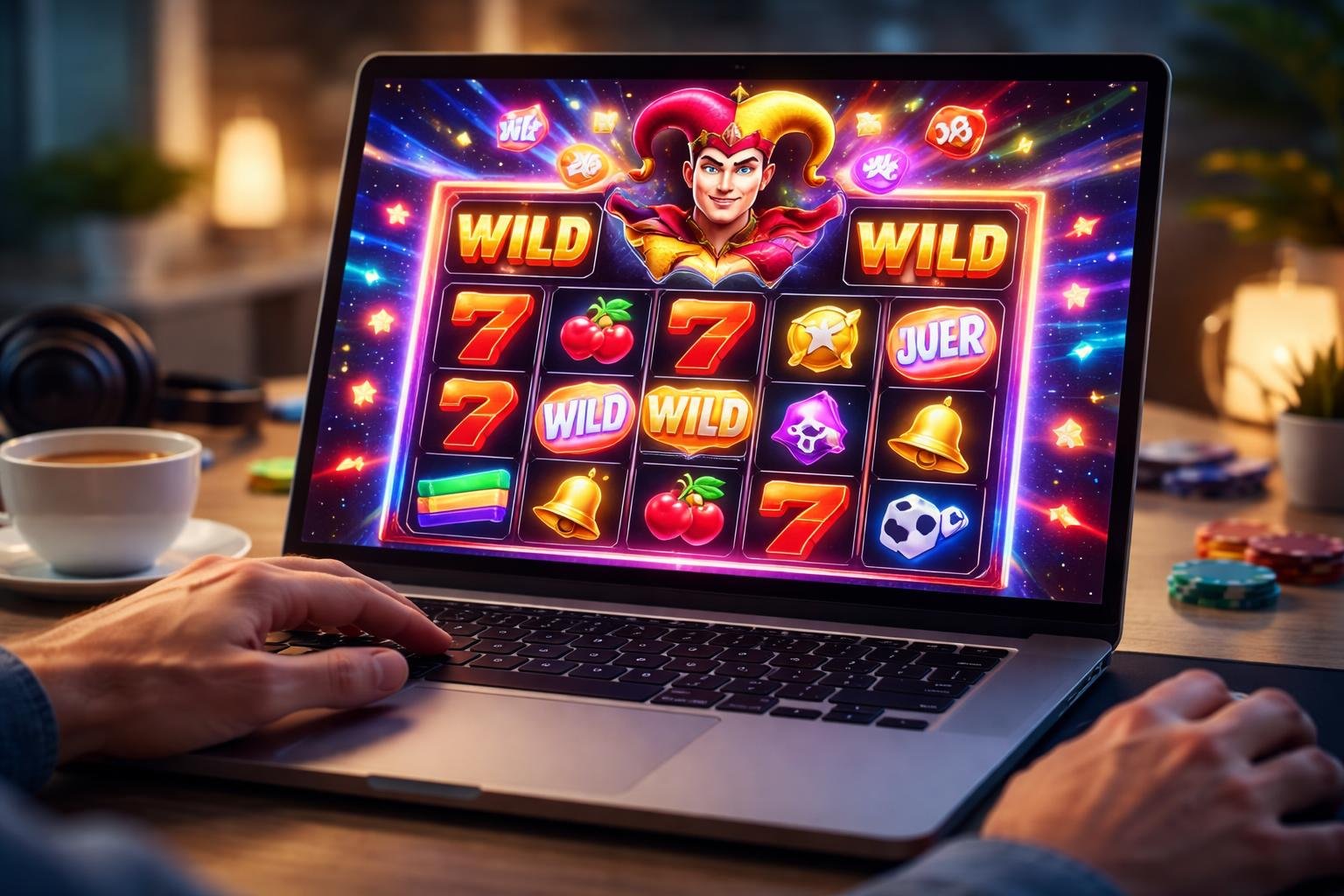 Seseorang sedang bermain permainan slot online Wild Wild Joker di layar komputer dengan suasana ruang kerja yang rapi dan pencahayaan lembut.