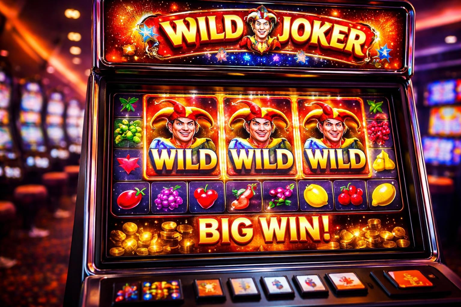 Mesin slot Wild Wild Joker yang berwarna-warni dengan simbol joker dan buah, di dalam suasana kasino yang terang dan ramai.