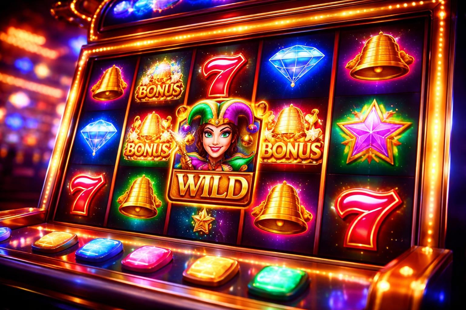 Mesin slot kasino dengan simbol joker liar, scatter, dan bonus yang berwarna-warni dan menyala.