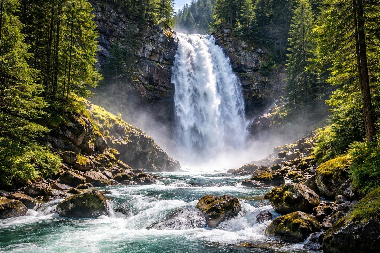 Air terjun besar yang mengalir deras di antara tebing curam dengan hutan hijau di sekitarnya.