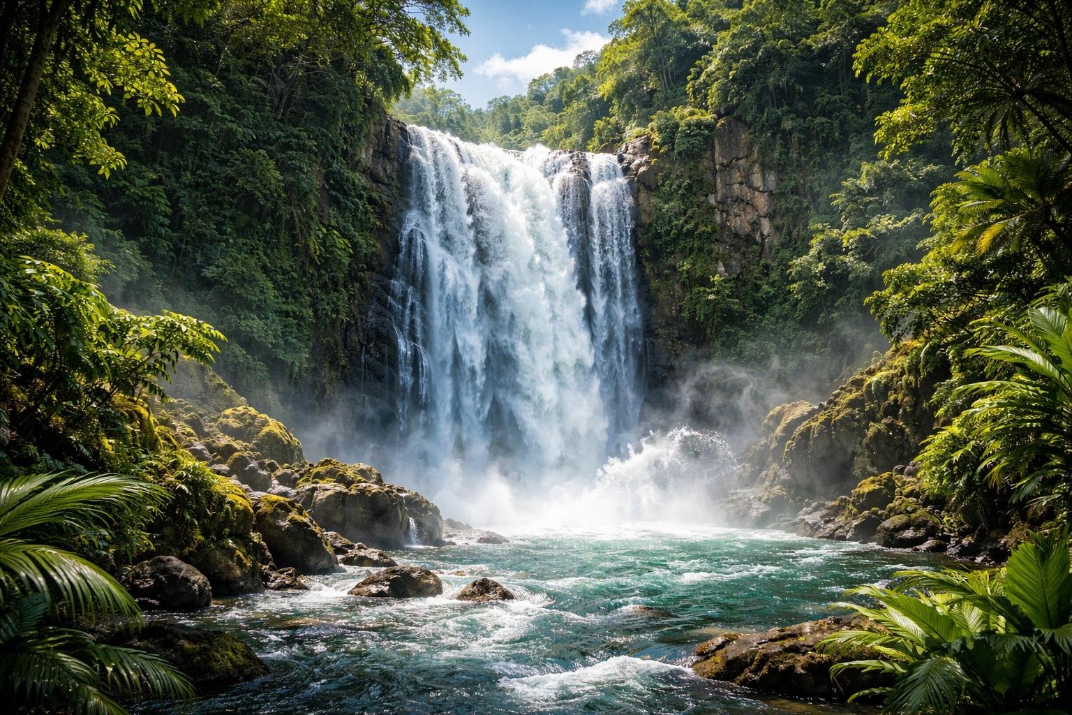 Pemandangan air terjun besar yang mengalir deras dengan pepohonan hijau di sekitarnya dan sungai jernih di bawahnya.