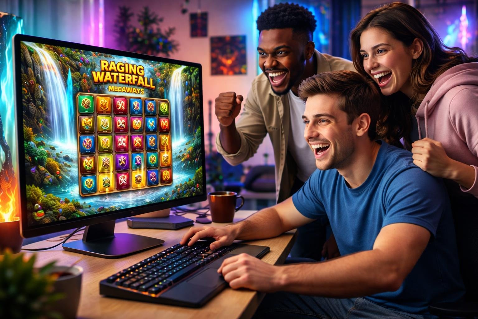 Sekelompok orang muda sedang bermain permainan slot air terjun yang berwarna-warni di depan komputer di sebuah ruang kerja modern.