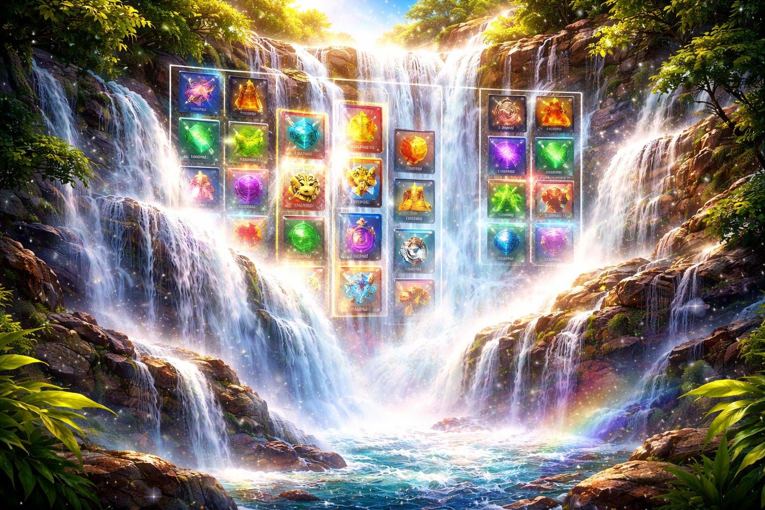 Air terjun yang deras mengalir di antara bebatuan dengan latar belakang gulungan mesin slot yang bercahaya dan menunjukkan banyak simbol.