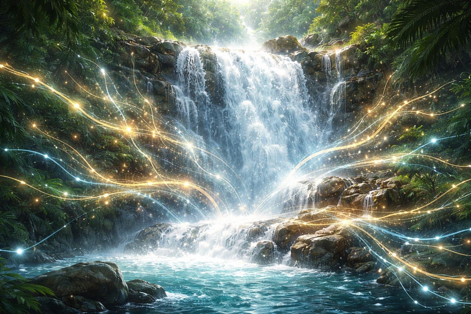 Pemandangan air terjun besar yang mengalir deras dengan jalur bercahaya yang bercabang di sekitarnya, dikelilingi oleh hutan hijau.