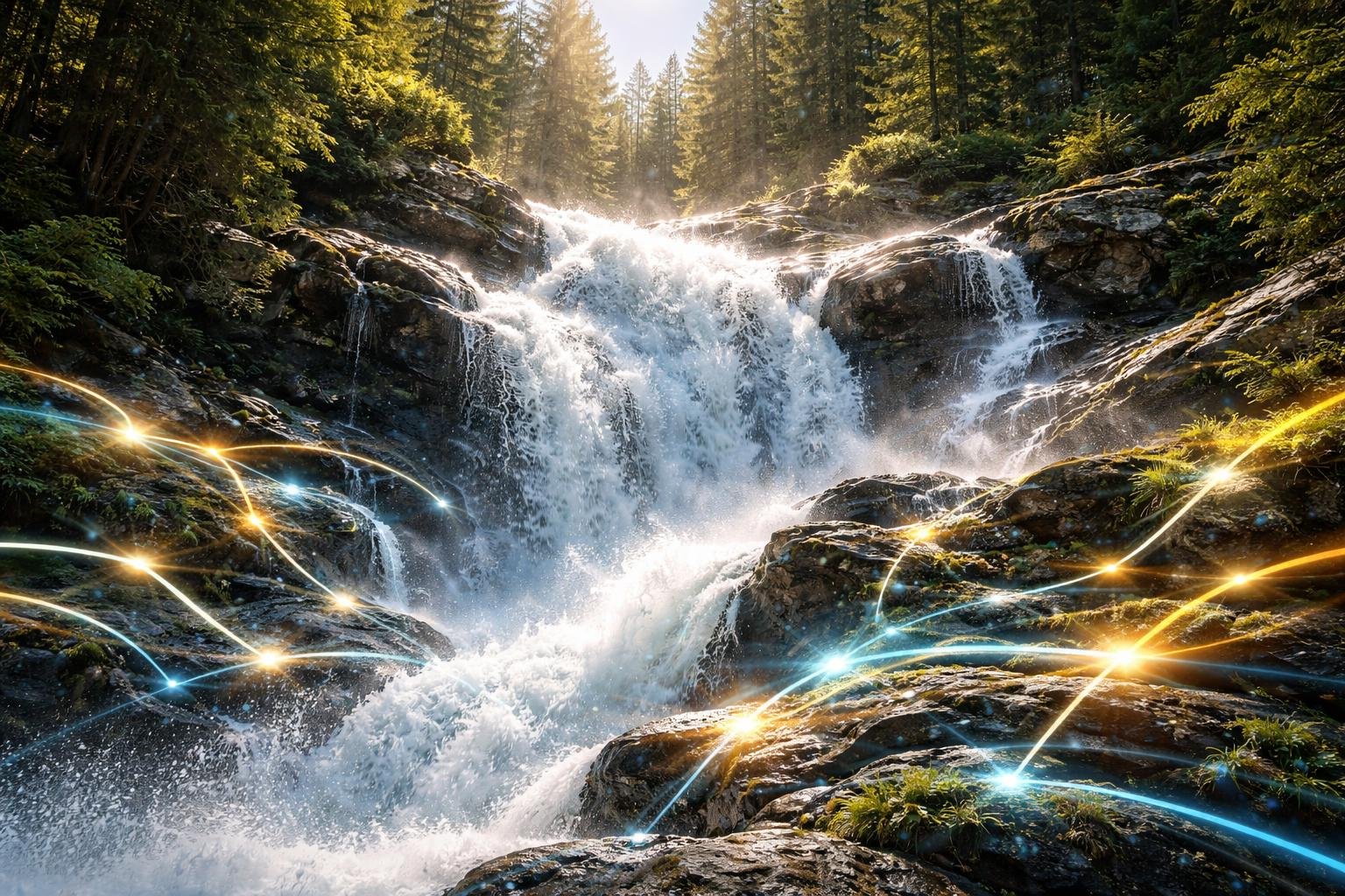 Air terjun yang kuat mengalir deras di antara bebatuan dengan hutan hijau di sekitarnya, menampilkan aliran air yang jernih dan kabut yang terbentuk dari percikan air.