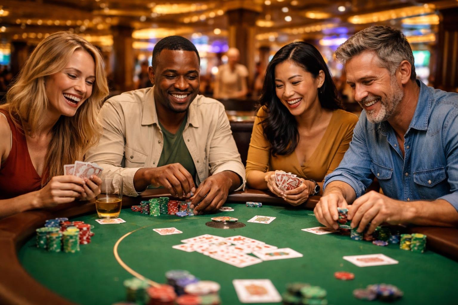 A group of people playing low stakes casino games at a poker table with chips and cards in a warmly lit casino.