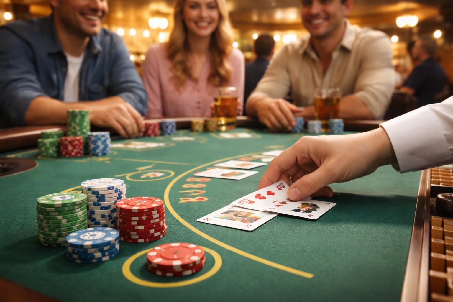 A casino table with low denomination chips and a dealer distributing cards, with players enjoying the game in the background.