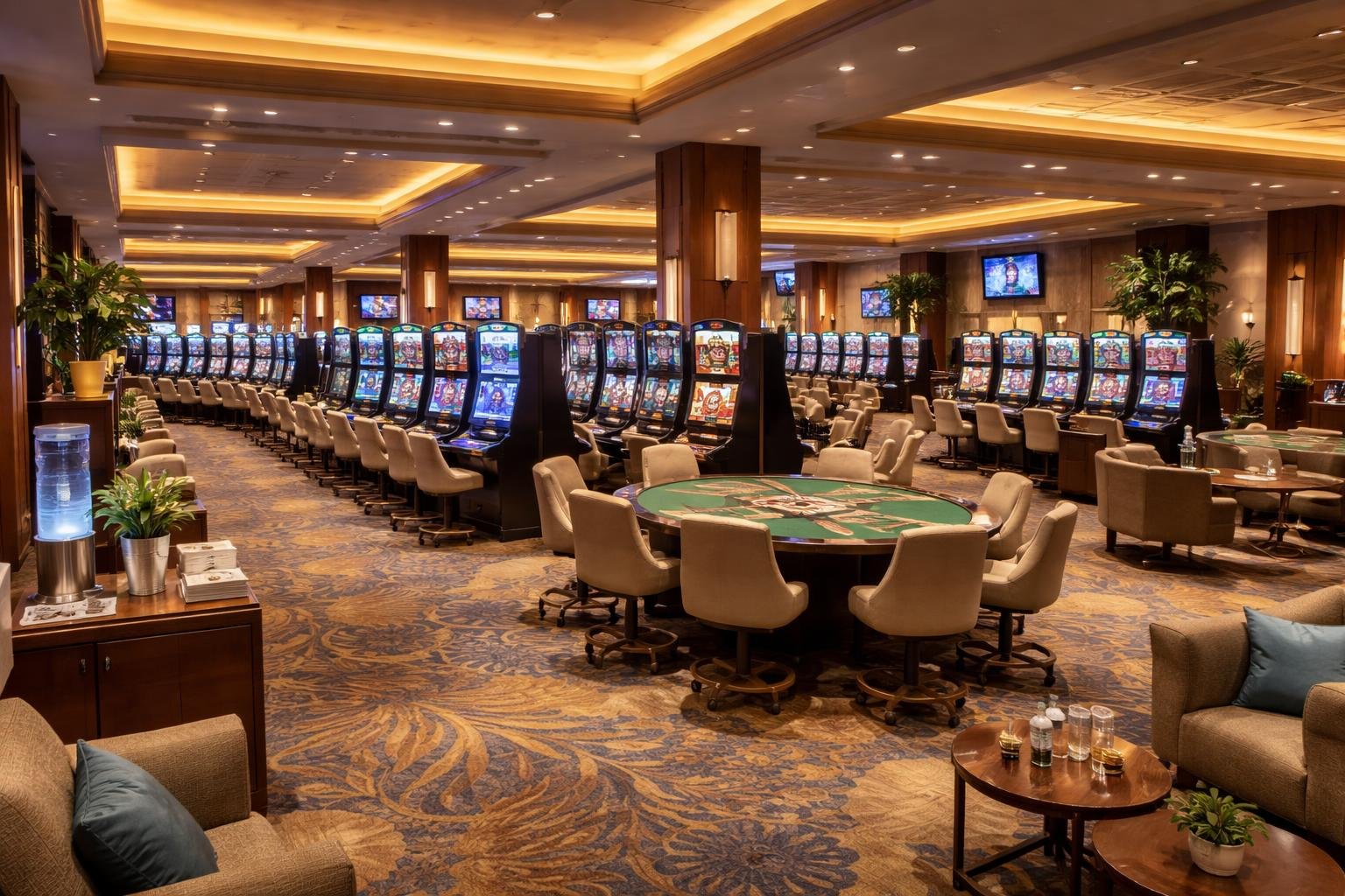 Interior of a modern casino with slot machines, gaming tables, comfortable chairs, warm lighting, and lounge areas designed for comfort.