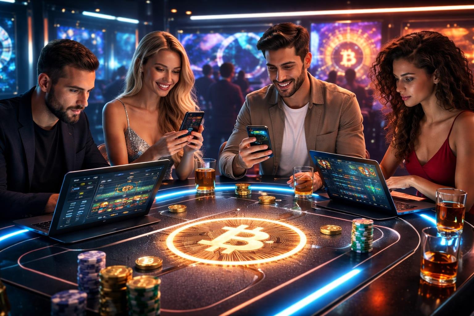 A group of people playing casino games on laptops and smartphones with bitcoin symbols and digital cryptocurrency elements around them.