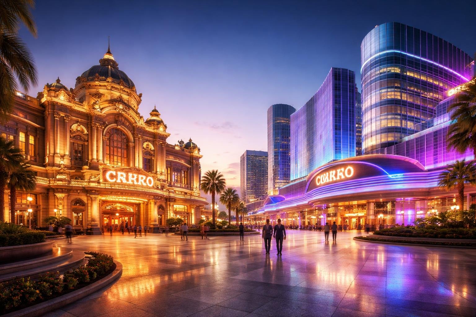 A panoramic view showing two casino buildings side by side, one with classic architectural features and the other with modern glass and steel design, connected by a plaza with people walking.