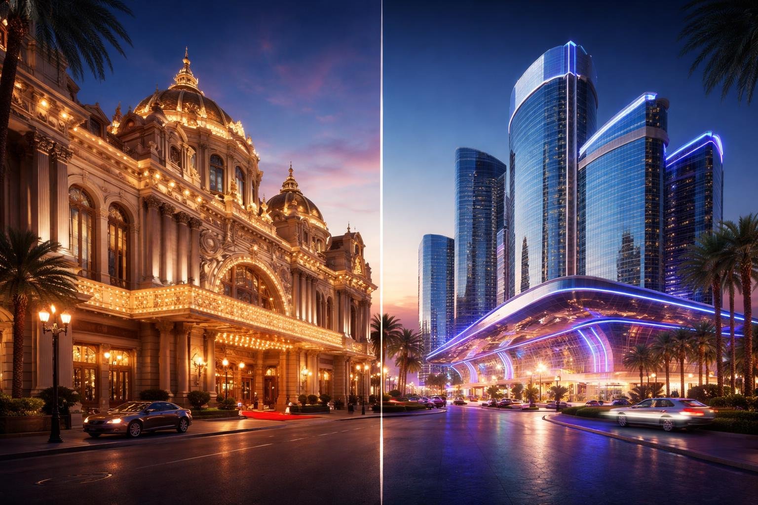 A scene showing classic casino buildings with ornate details next to modern casinos with glass and sharp lines during twilight.