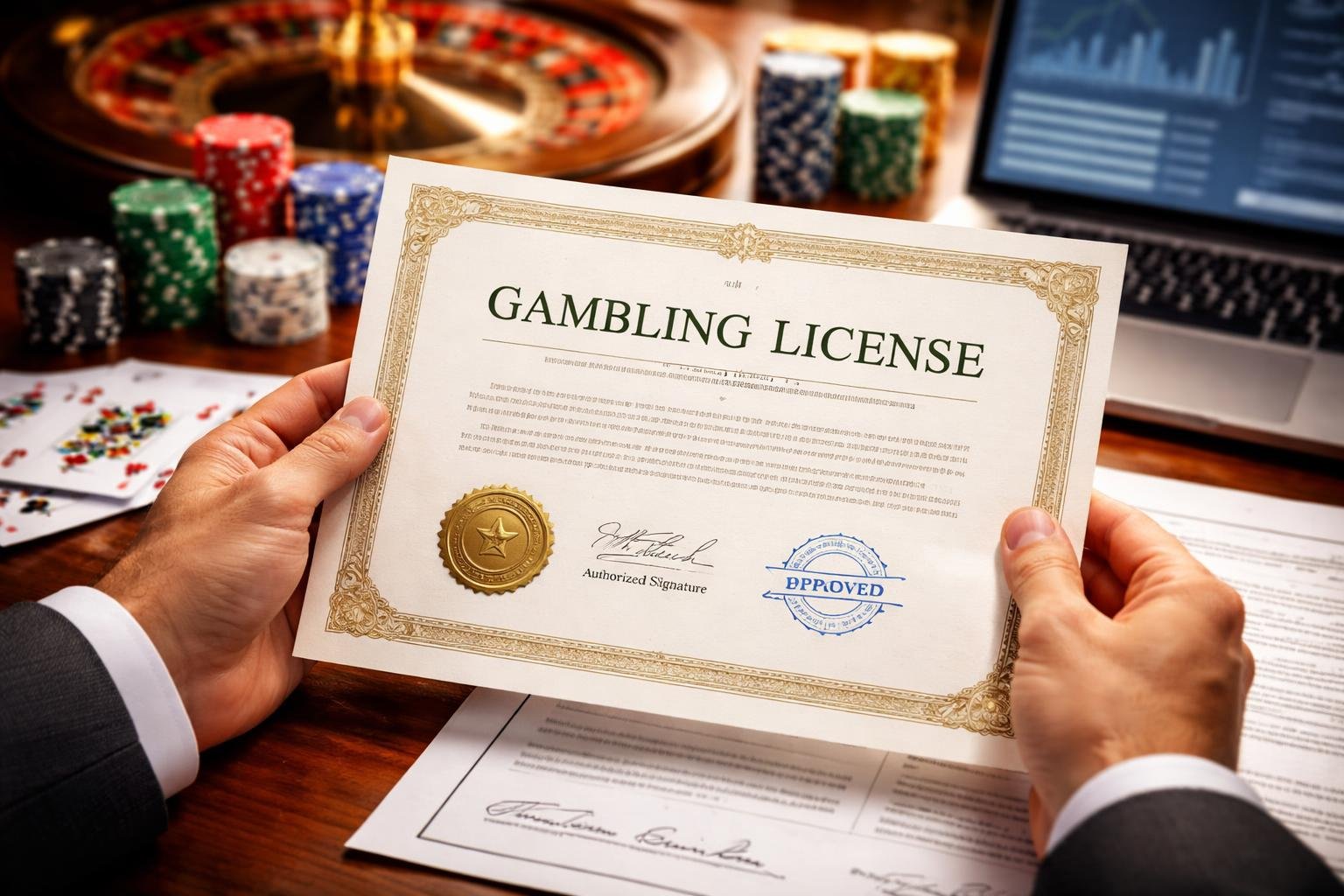 Close-up of hands holding a gambling license document with poker chips, playing cards, and a roulette wheel in the background on an office desk.
