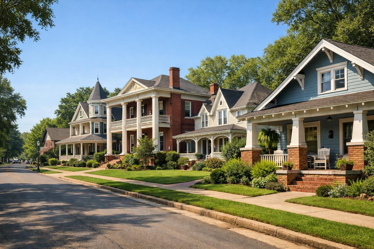 A quiet street in Monroe, Louisiana, with several old houses surrounded by trees and greenery under a clear blue sky.
