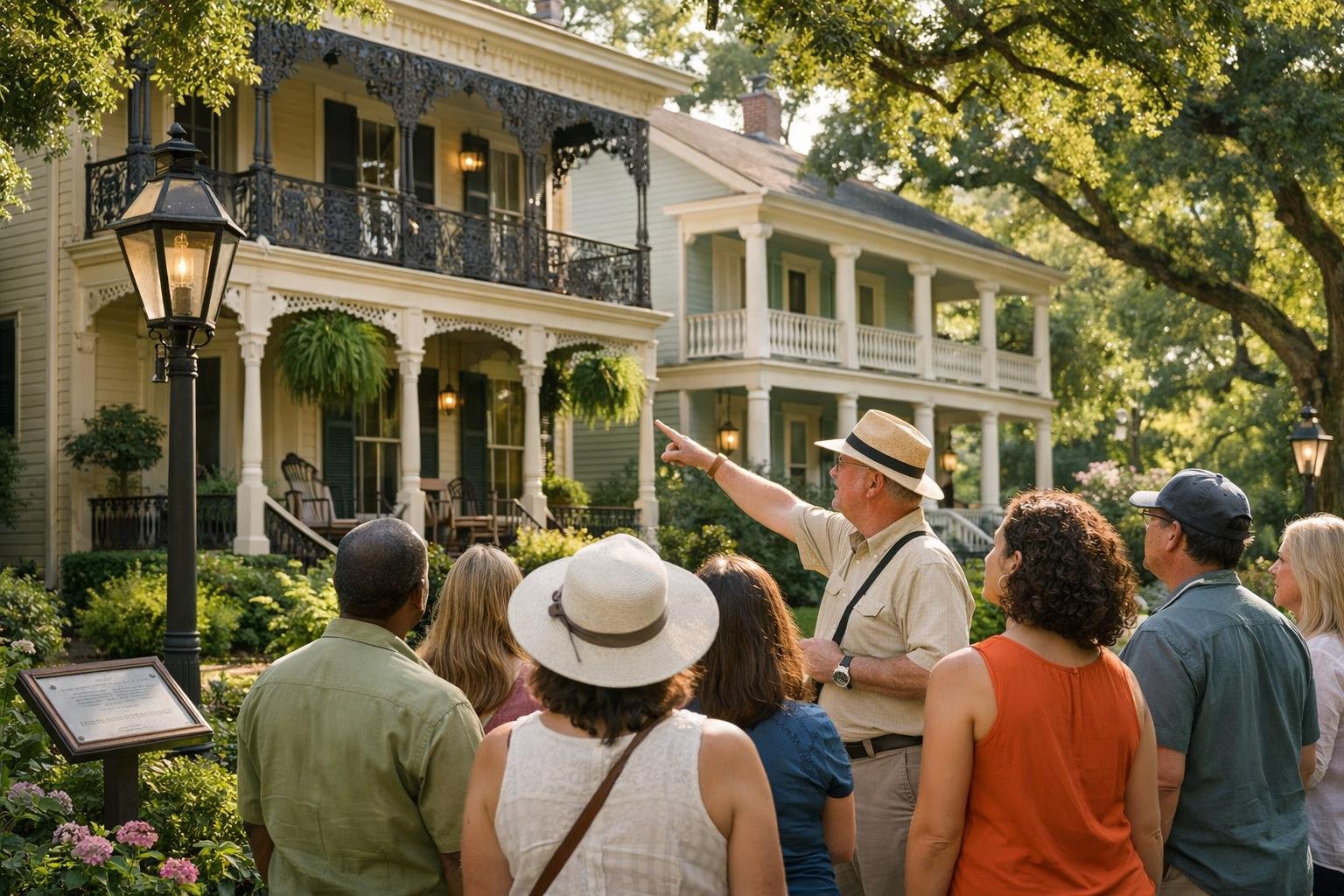 A group of people on a guided tour walking past historic homes with wooden porches and trees in Monroe, Louisiana.