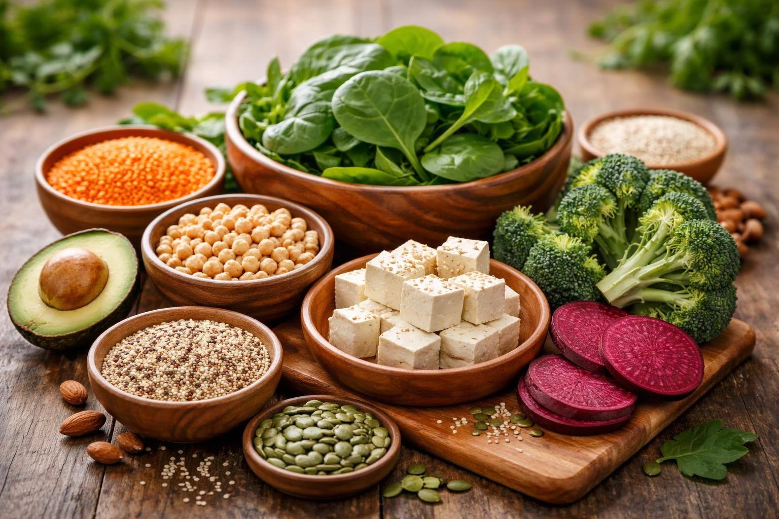 A close-up of various iron-rich plant foods including spinach, lentils, chickpeas, quinoa, pumpkin seeds, tofu, and beets arranged on a wooden surface.