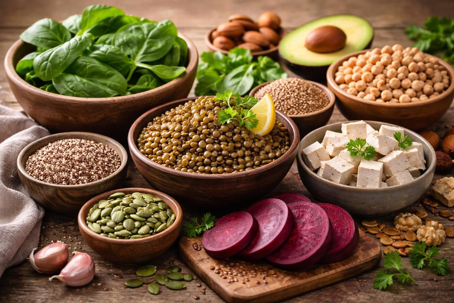 A variety of plant-based iron-rich foods including spinach, lentils, quinoa, chickpeas, pumpkin seeds, tofu, and beetroot arranged on a wooden table.
