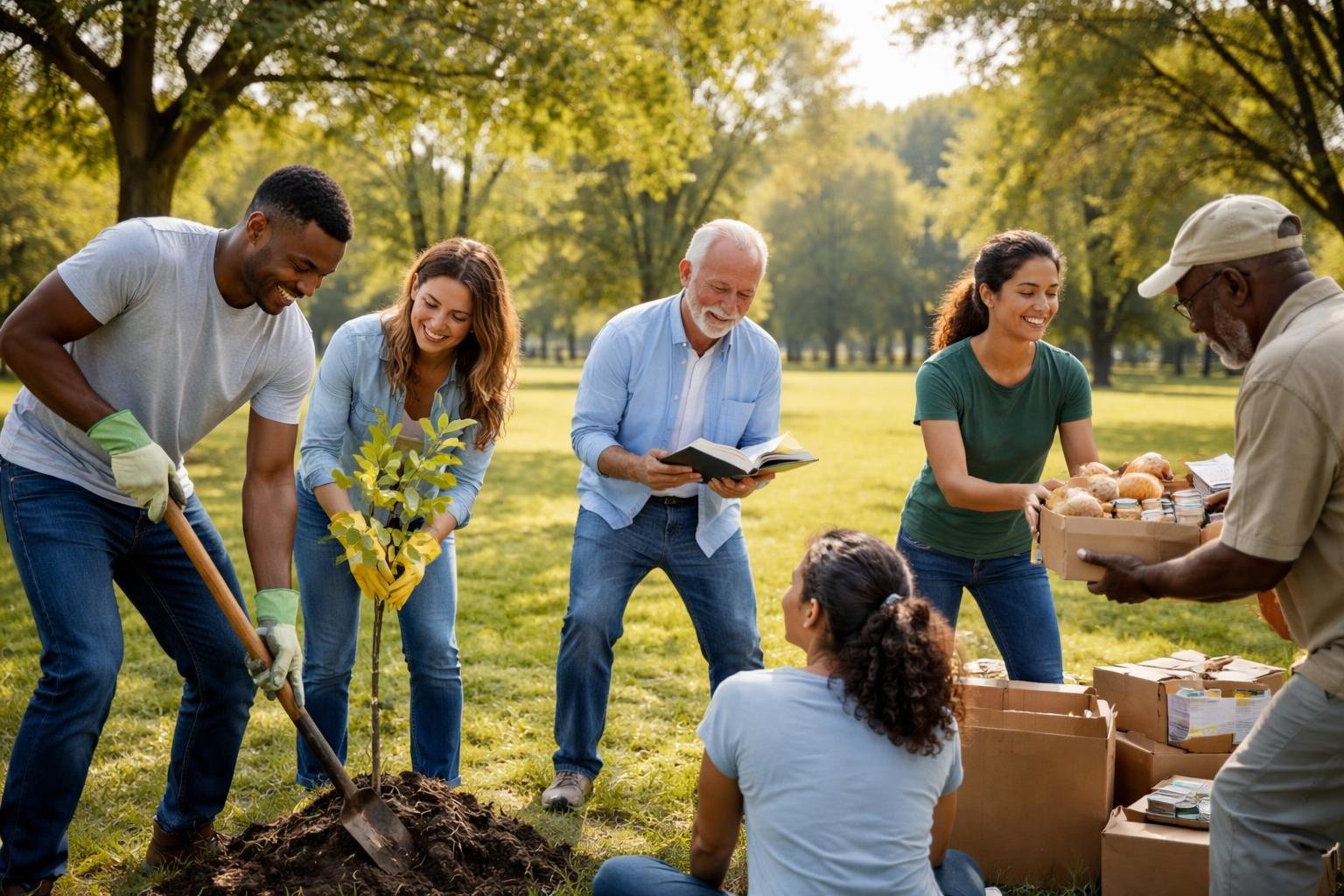 A diverse group of people working together outdoors planting trees, sharing food, and reading a book in a park.