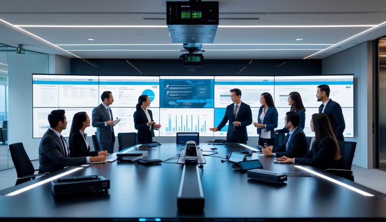 Sekelompok profesional bisnis sedang rapat di ruang konferensi modern dengan peralatan audiovisual canggih.