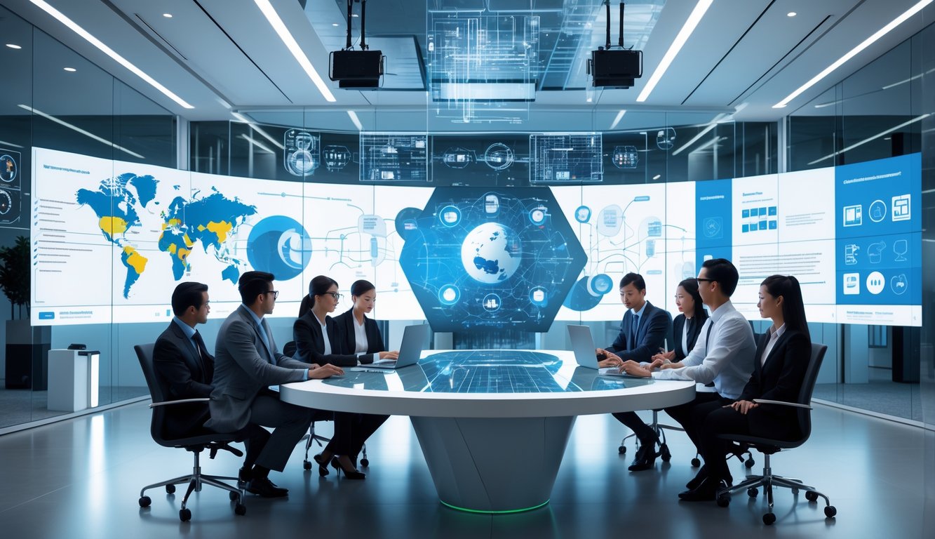 Sekelompok profesional bisnis bekerja sama di ruang kantor modern dengan teknologi audiovisual canggih dan layar digital yang menampilkan data kecerdasan buatan dan konektivitas global.