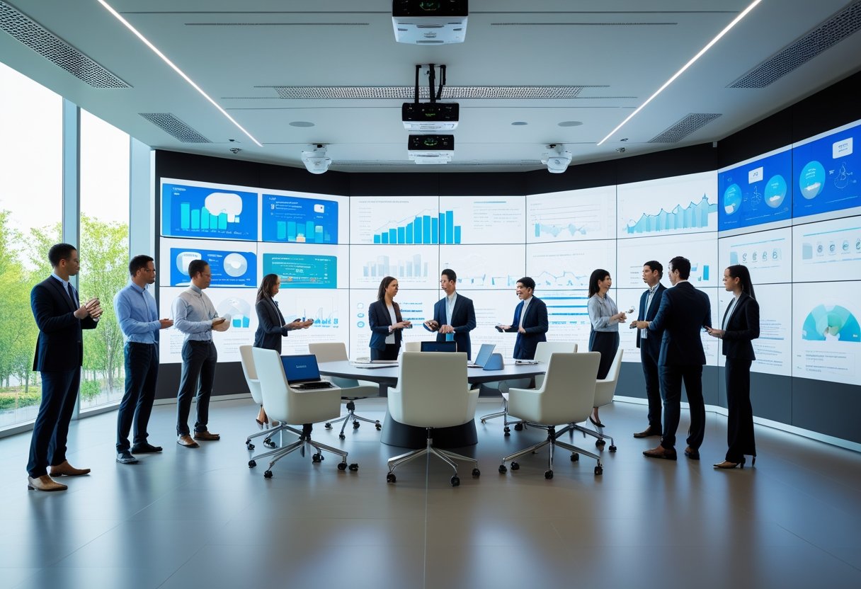 A group of business professionals collaborating in a modern meeting room equipped with large digital displays and advanced audiovisual technology.