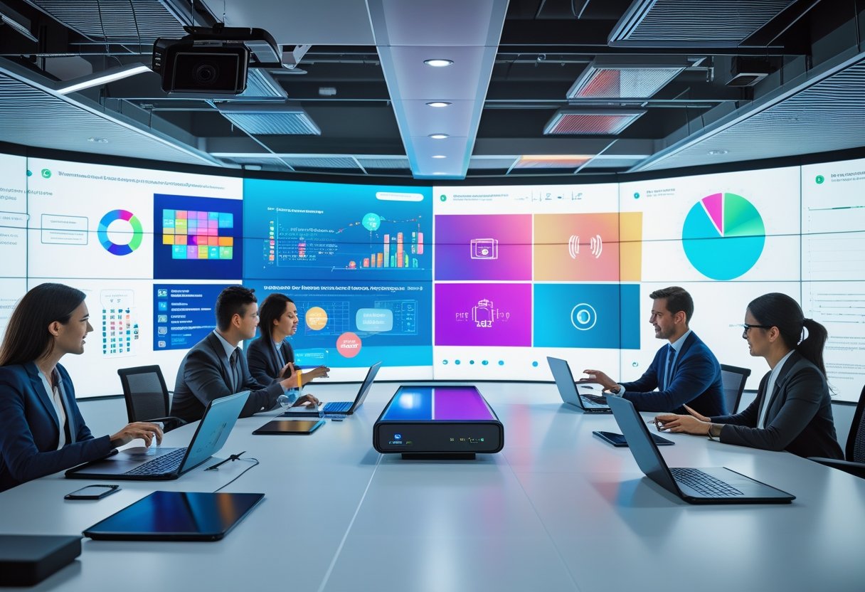 Business professionals collaborating in a modern meeting room equipped with large displays, cameras, and digital devices.