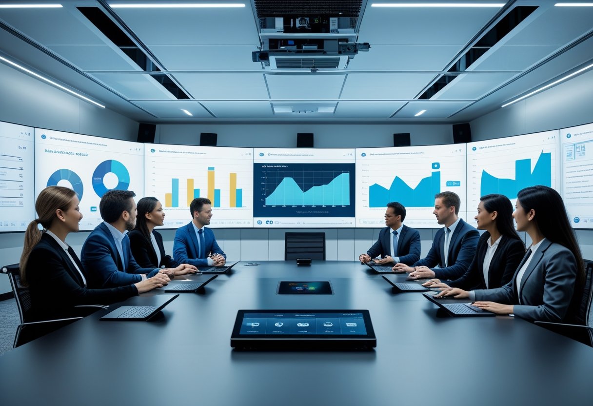 A modern meeting room with professionals collaborating around a conference table equipped with large screens and advanced audiovisual and security technology.