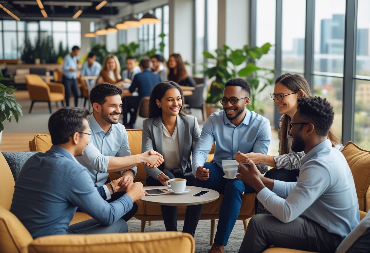 People in a bright office chatting, smiling, and interacting in groups instead of working at desks.